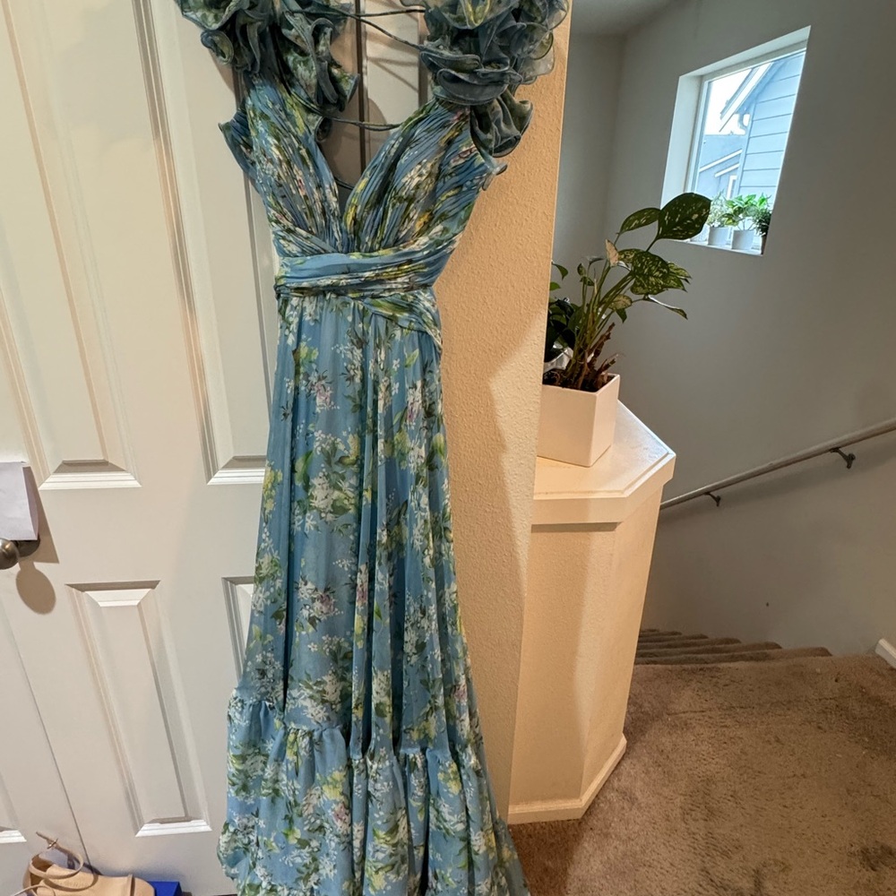 Mac Duggal Blue Floral Maxi Dress